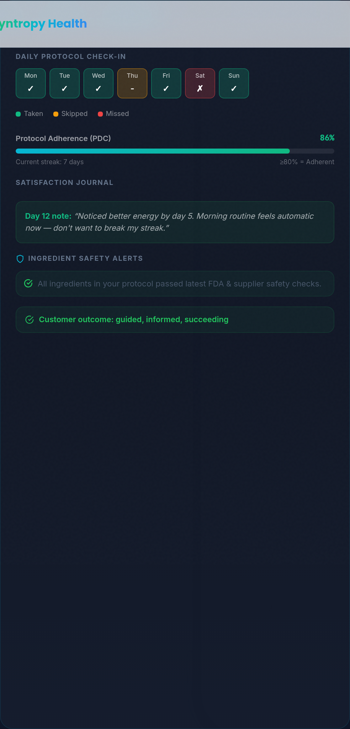 The Shrine — consumer experience with protocol tracking, daily check-ins, and AI companion