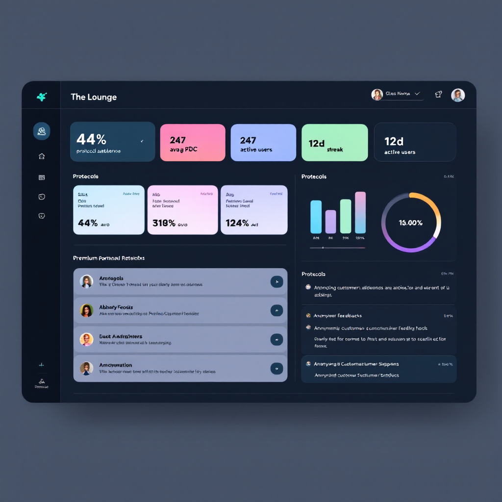 The Lounge partner dashboard showing protocol analytics, client adherence, and revenue metrics